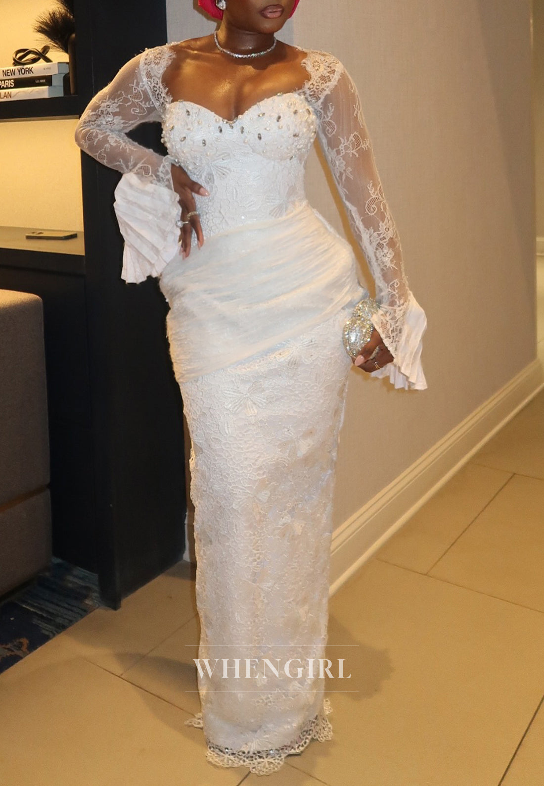 Sheath Sweetheart Long Lace Sleeves Beaded Floor Length Wedding Dress