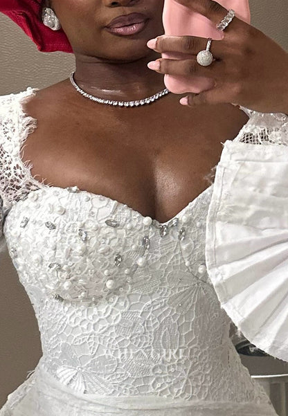 Sheath Sweetheart Long Lace Sleeves Beaded Floor Length Wedding Dress