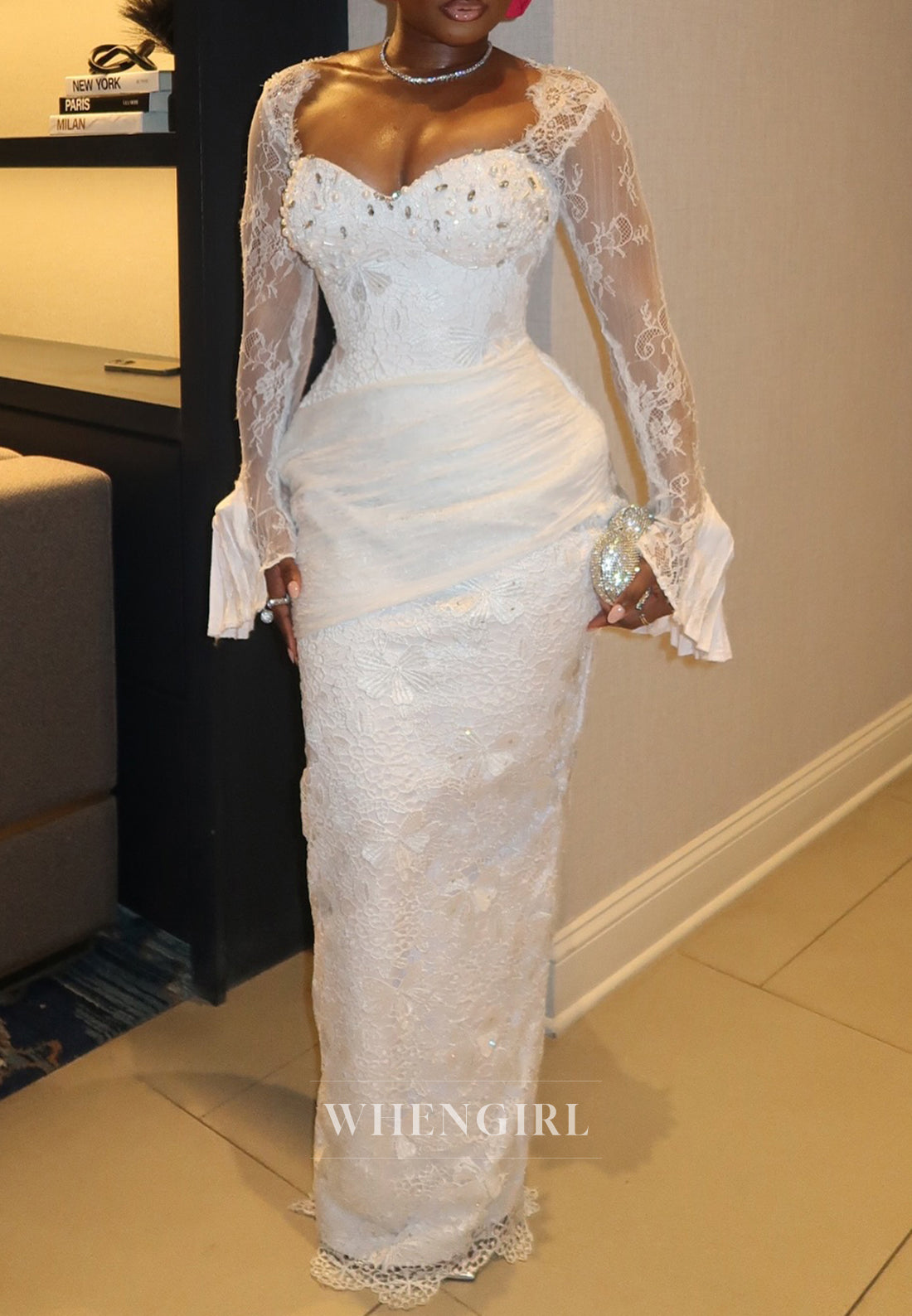 Sheath Sweetheart Long Lace Sleeves Beaded Floor Length Wedding Dress