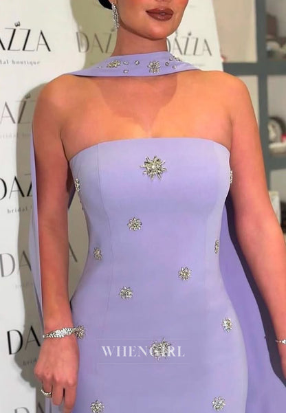 Violet Beaded Strapless Floor Length Sheath Formal Evening Dress