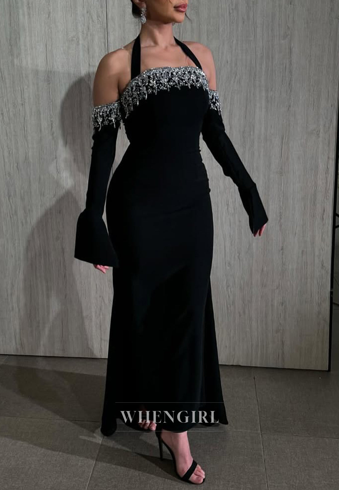 Black Beaded Long Sleeves Tie Back Mermaid Formal Evening Dress