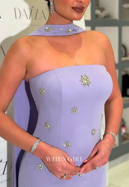 Violet Beaded Strapless Floor Length Sheath Formal Evening Dress