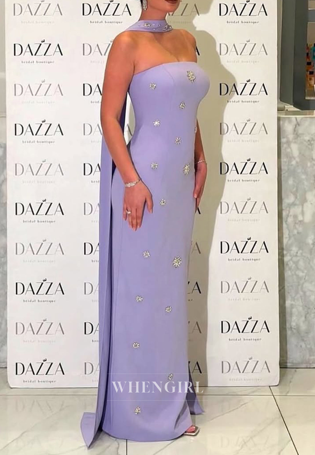 Violet Beaded Strapless Floor Length Sheath Formal Evening Dress