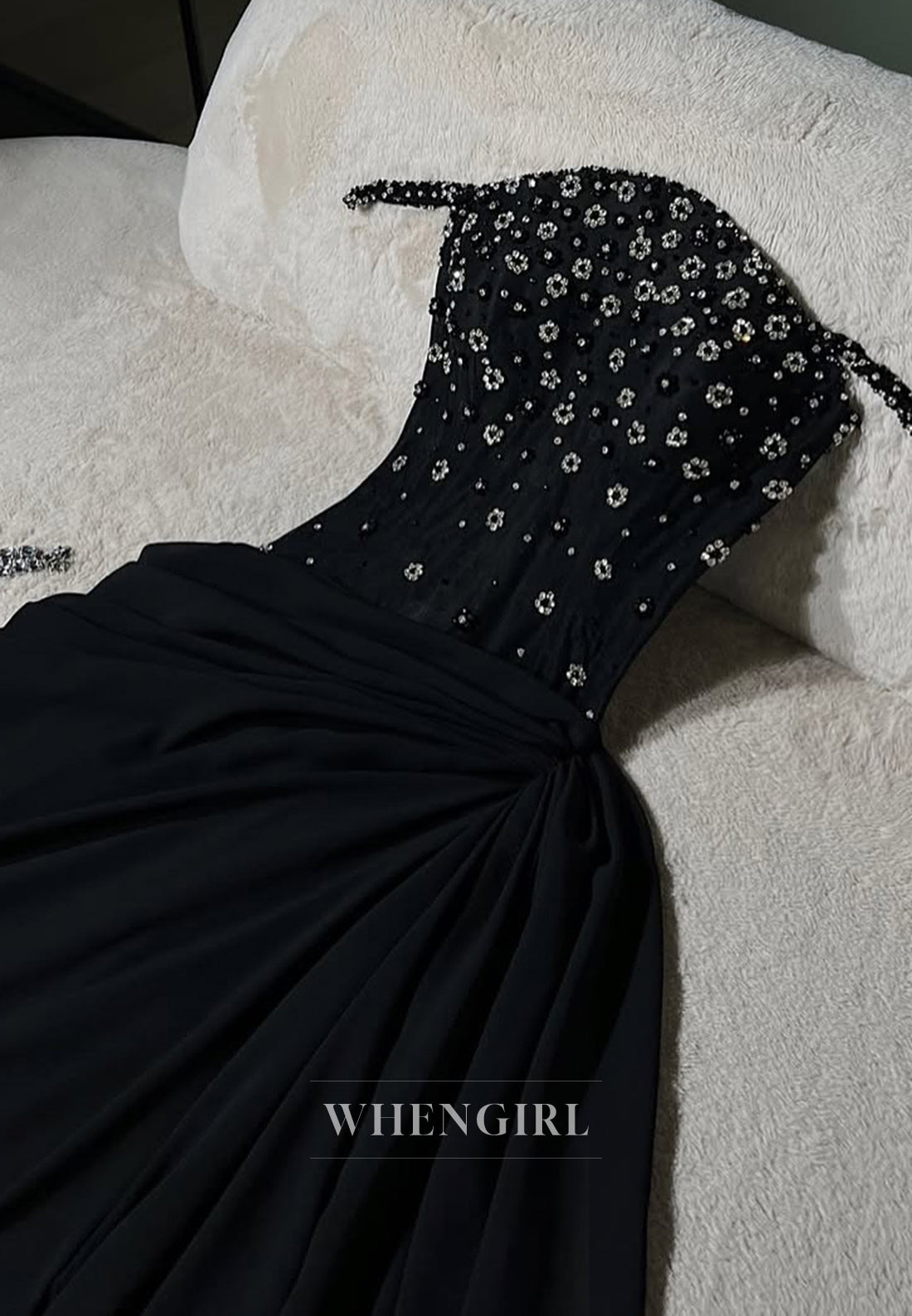 Black Spaghetti Straps Beaded Flowers A-Line Long Formal Evening Dress