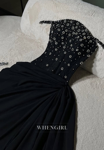 Black Spaghetti Straps Beaded Flowers A-Line Long Formal Evening Dress