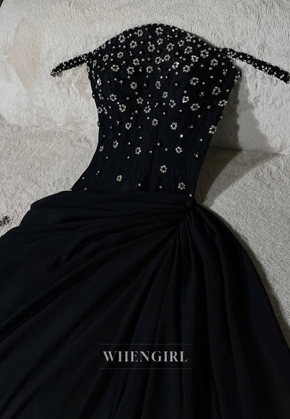Black Spaghetti Straps Beaded Flowers A-Line Long Formal Evening Dress