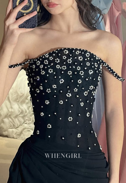 Black Spaghetti Straps Beaded Flowers A-Line Long Formal Evening Dress