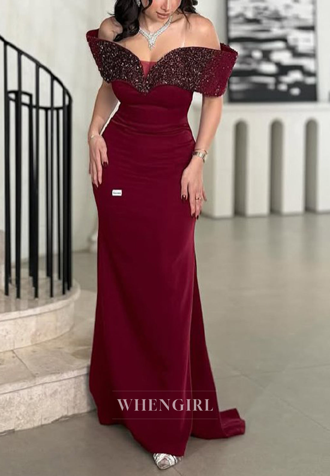 Burgundy Off Shoulder Beaded Sheath Floor Length Formal Evening Gown