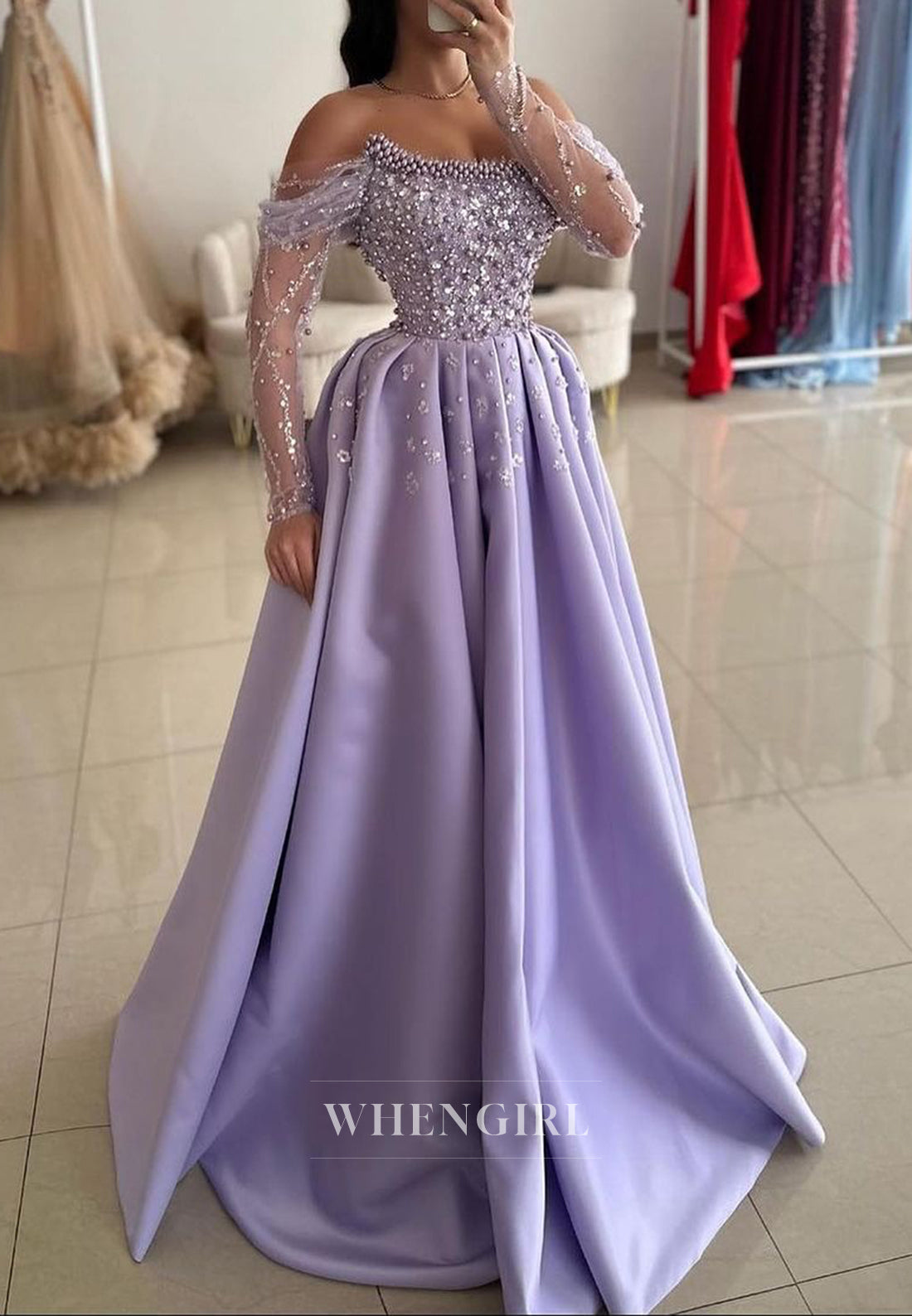 Violet Ball Gown Beaded Off Shoulder Floor Length Evening Dress with Long Sleeves