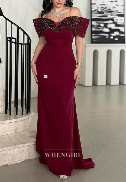 Burgundy Off Shoulder Beaded Sheath Floor Length Formal Evening Gown
