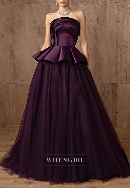 Raspberry Pleated Strapless Ball Gown Formal Evening Dress with Court Train