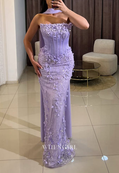 Lilac Strapless Sleeveless Sheath Floral Long Evening Formal Gwon with Scarf