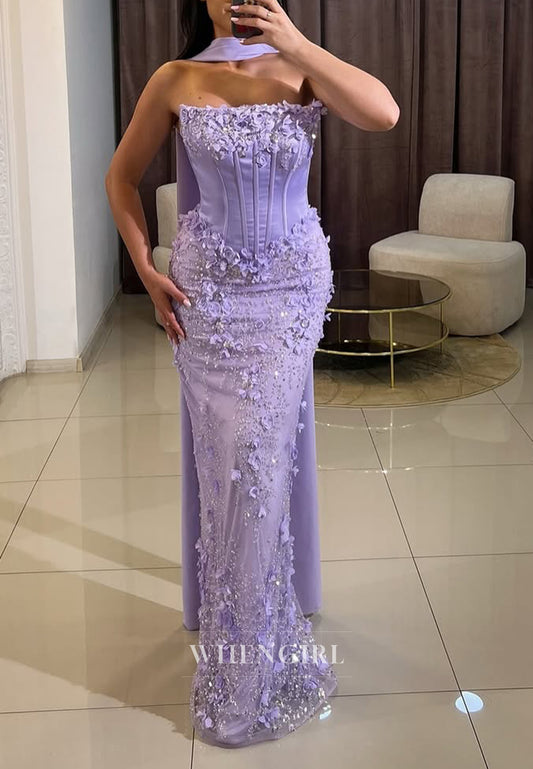 Lilac Strapless Sleeveless Sheath Floral Long Evening Formal Gwon with Scarf