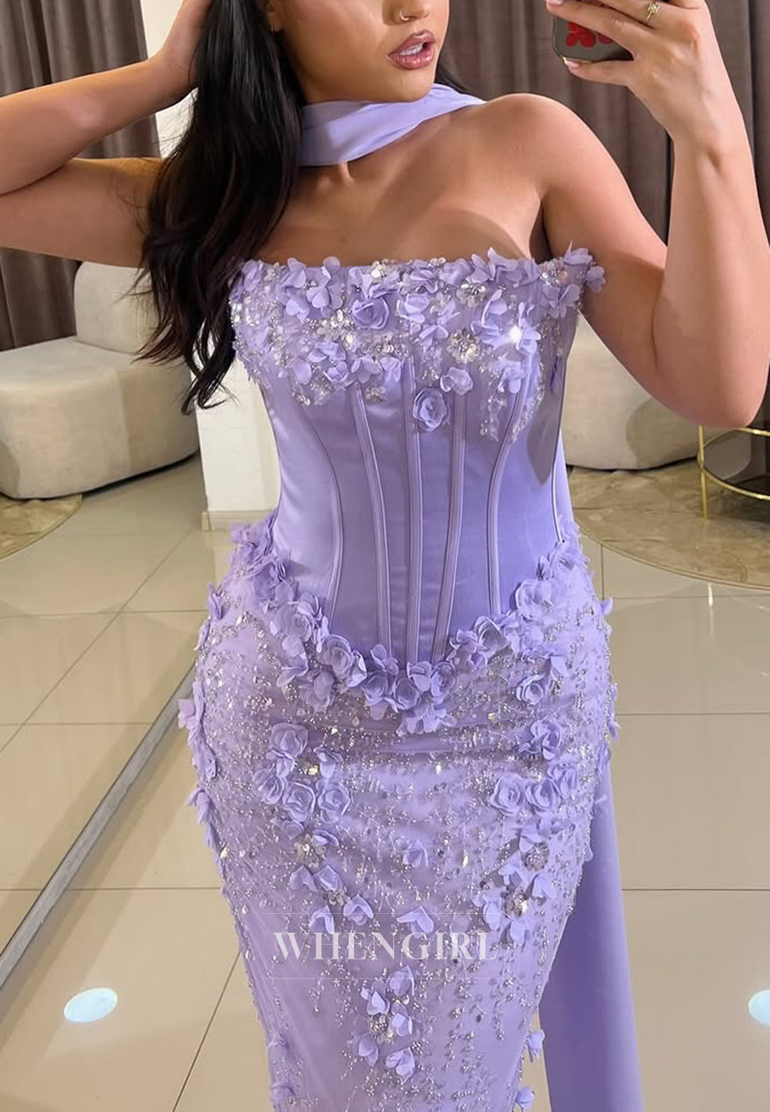 Lilac Strapless Sleeveless Sheath Floral Long Evening Formal Gwon with Scarf