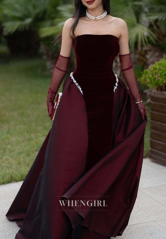 Burgundy Tube Top Beaded Sheath Sleeveless Beaded Formal Dress Evening Dress with Gloves and Train