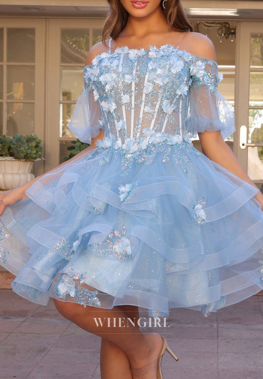 Blue Off Shoulder Floral Short Sleeves Beaded A-Line Ruffles Short Homecoming Dress