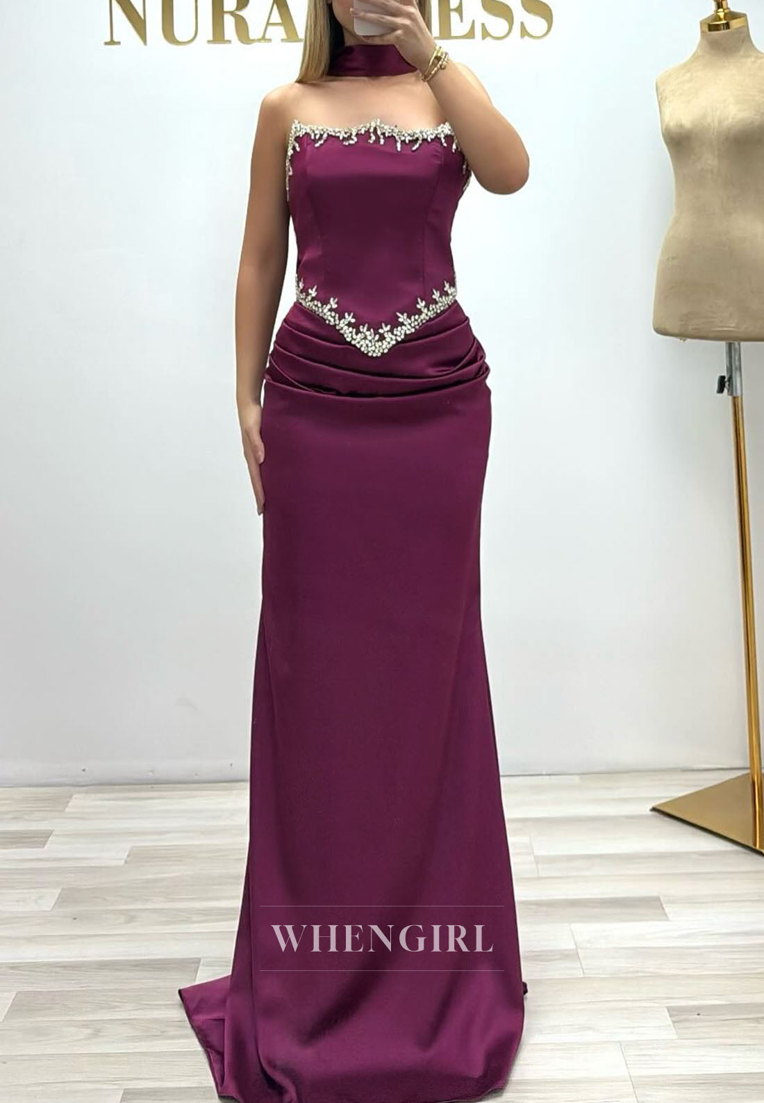 Sheath Beaded Sleeveless Beaded Ruched Evening Dress with Scarf