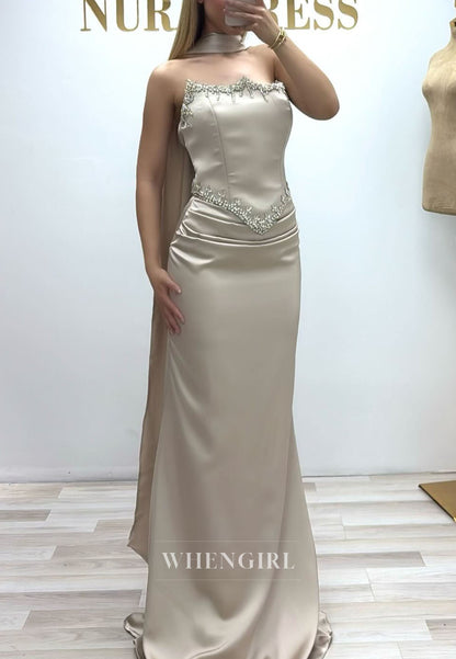 Sheath Beaded Sleeveless Beaded Ruched Evening Dress with Scarf