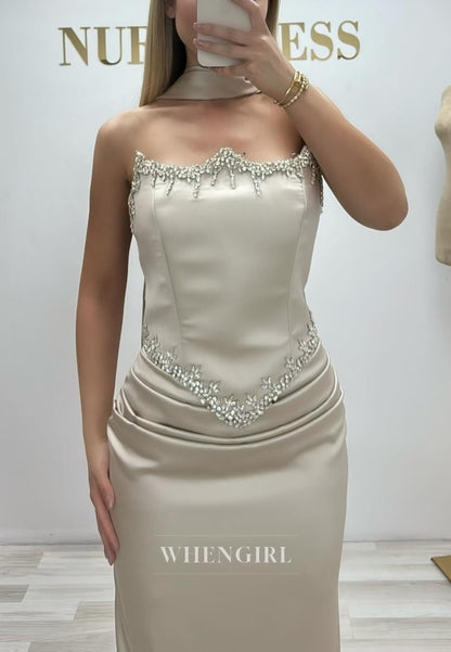 Sheath Beaded Sleeveless Beaded Ruched Evening Dress with Scarf