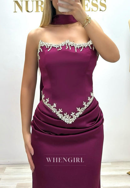 Sheath Beaded Sleeveless Beaded Ruched Evening Dress with Scarf