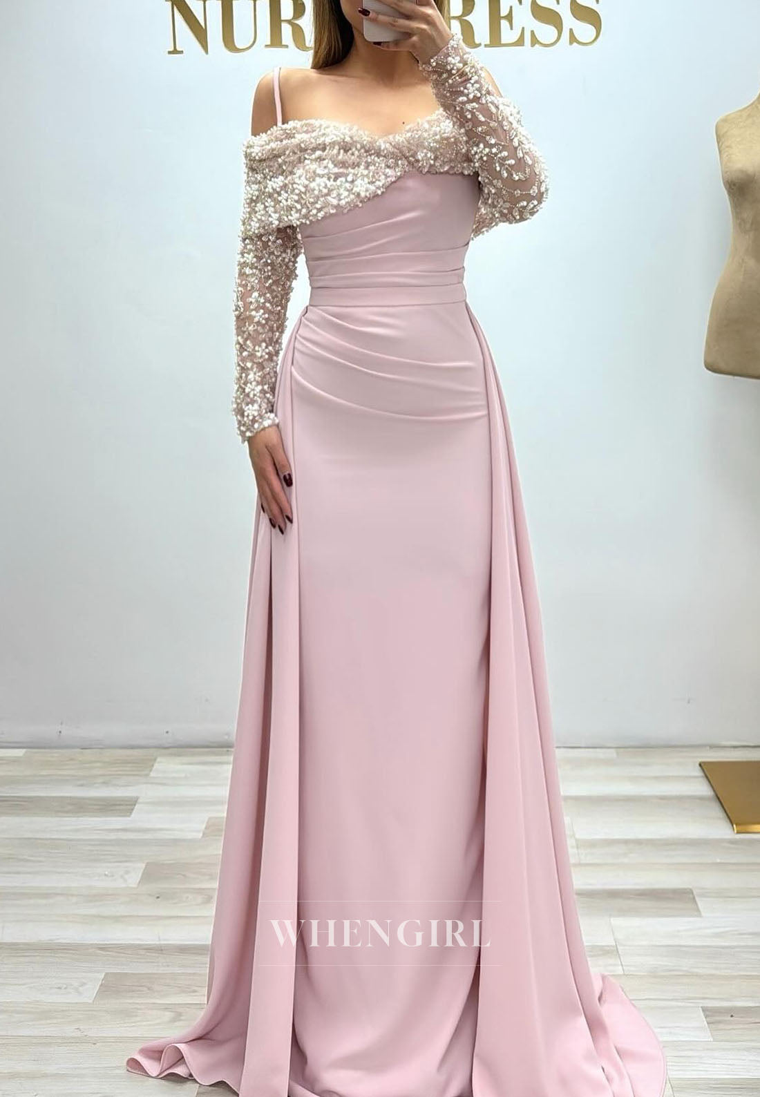Sheath Pleated Long Sleeves Beaded Evening Formal Gown with Train