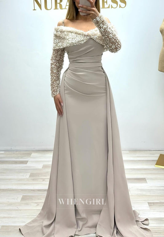 Sheath Pleated Long Sleeves Beaded Evening Formal Gown with Train