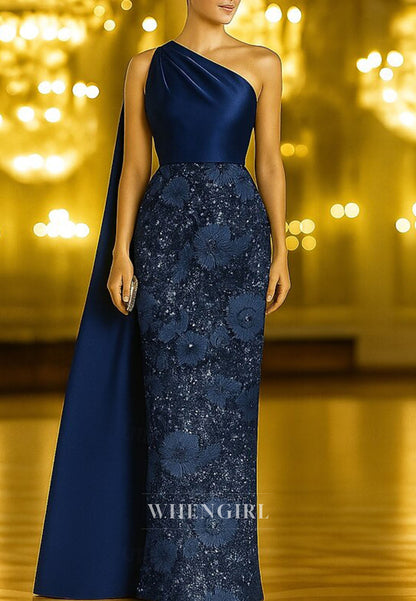 Sheath One Shoulder Sleeveless Floral Beaded Mother of the Bride Dress