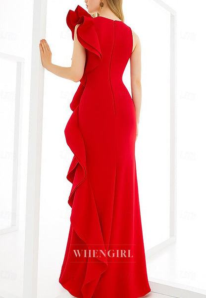 Sheath Ruffles Beteau Neck Sleeveless Floor Length Mother of the Bride Dress Evening Dress