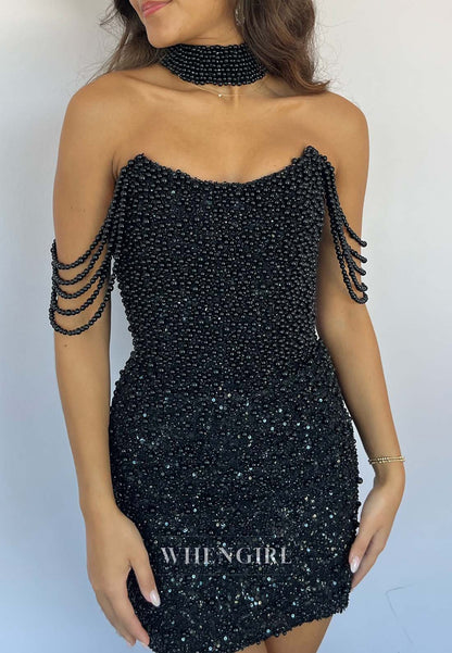 Off Shoulder Pears Beading Sheath Sleeveless Short Homecoming Dress