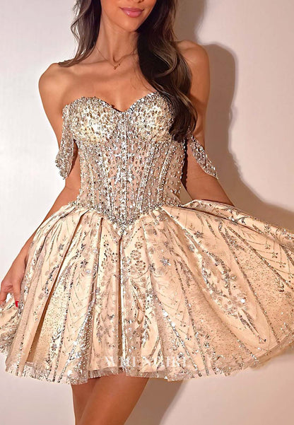 Champagne A-Line Rhinestone Beaded Off Shoulder Sweetheart Sleeveless Short Homecoming Dress