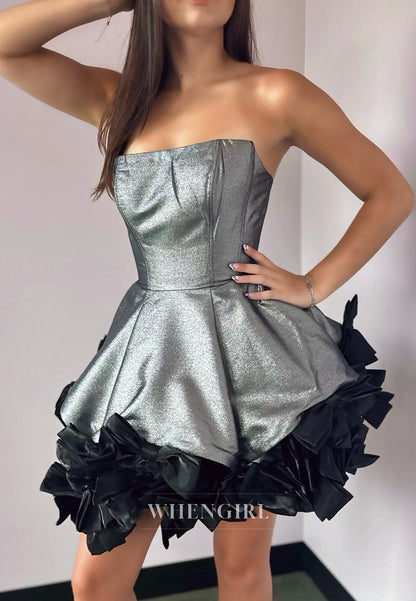 Silver Tube Top Sleeveless Bowknot Back Zipper A-Line Short Homecoming Dress