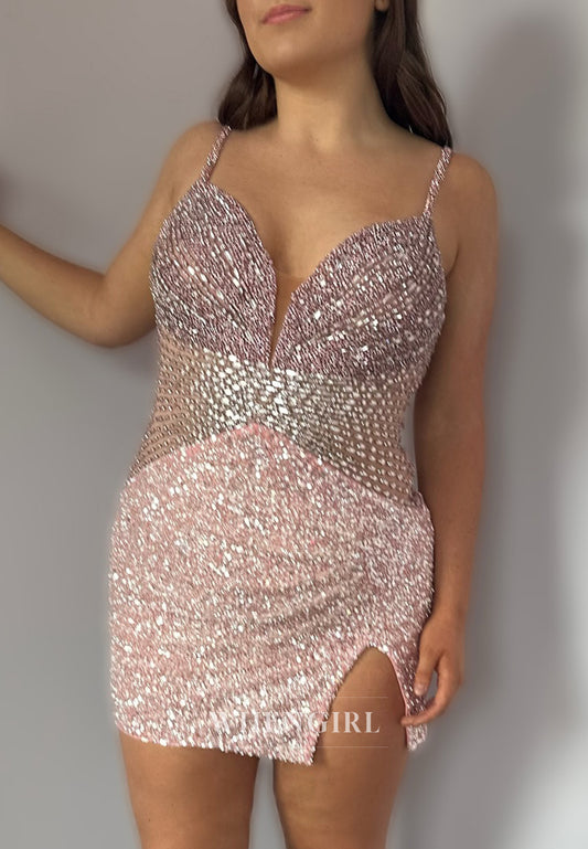 Pink V Neck Beaded Spaghetti Straps Sleeveless Side Slit Sheath Short Homecoming Dress