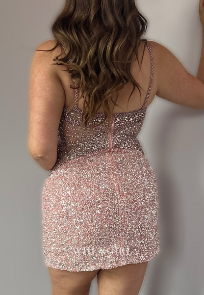 Pink V Neck Beaded Spaghetti Straps Sleeveless Side Slit Sheath Short Homecoming Dress
