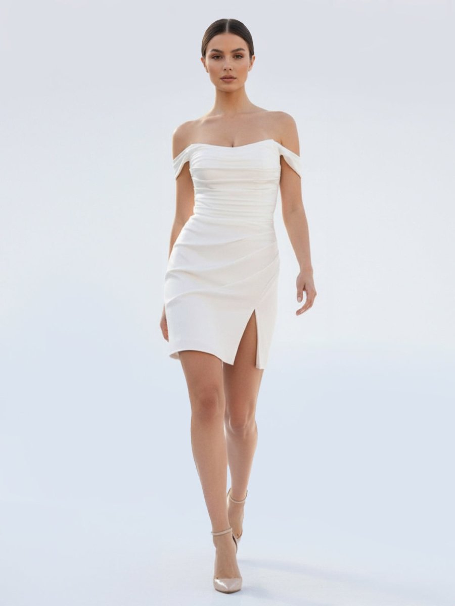 Off-the-Shoulder Short Satin Cowl Neck Simple Formal Wedding Dress With Slit