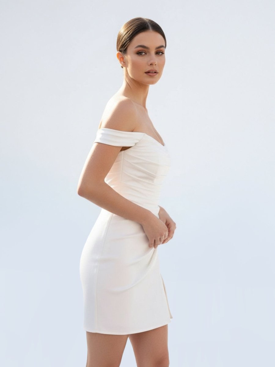 Off-the-Shoulder Short Satin Cowl Neck Simple Formal Wedding Dress With Slit