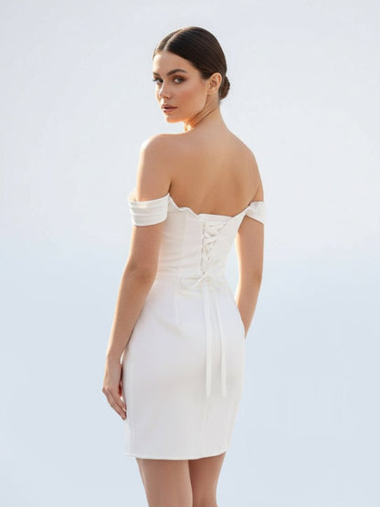 Off-the-Shoulder Short Satin Cowl Neck Simple Formal Wedding Dress With Slit
