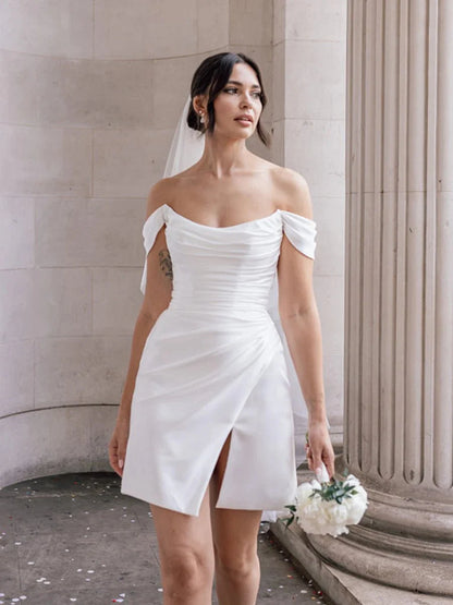 Off-the-Shoulder Short Satin Cowl Neck Simple Formal Wedding Dress With Slit