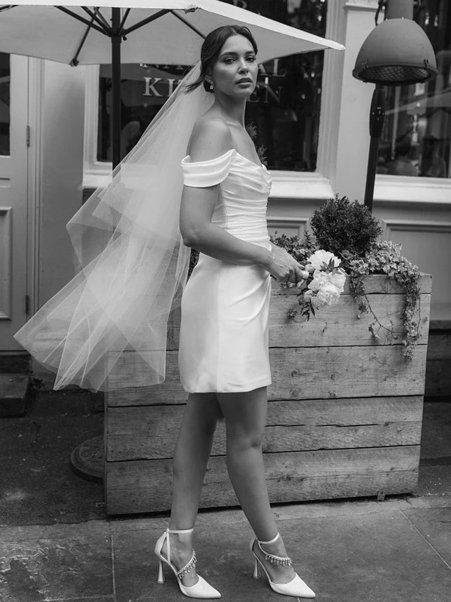 Off-the-Shoulder Short Satin Cowl Neck Simple Formal Wedding Dress With Slit