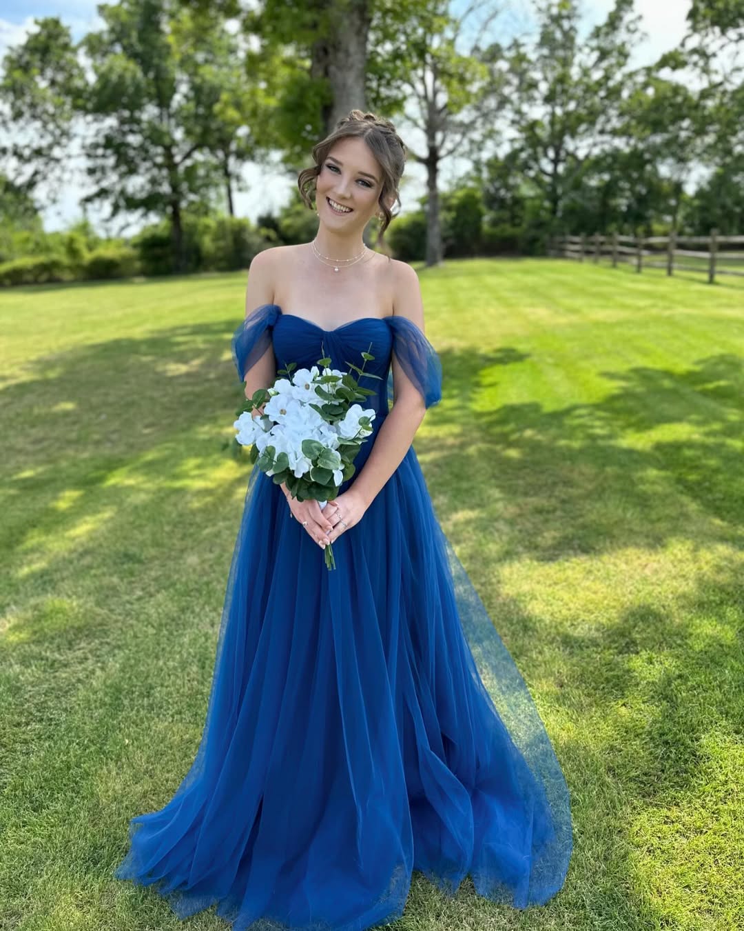 Off the Shoulder Tulle Royal Blue Prom Dress Floor Length Maxi Dress