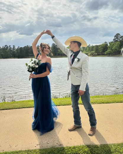 Off the Shoulder Tulle Royal Blue Prom Dress Floor Length Maxi Dress