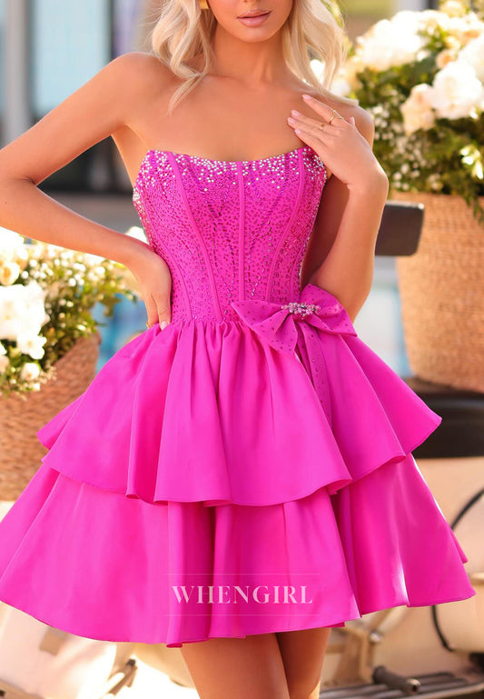 Fuchsia A-Line Beaded Strapless Bowknot Short Homecoming Dress