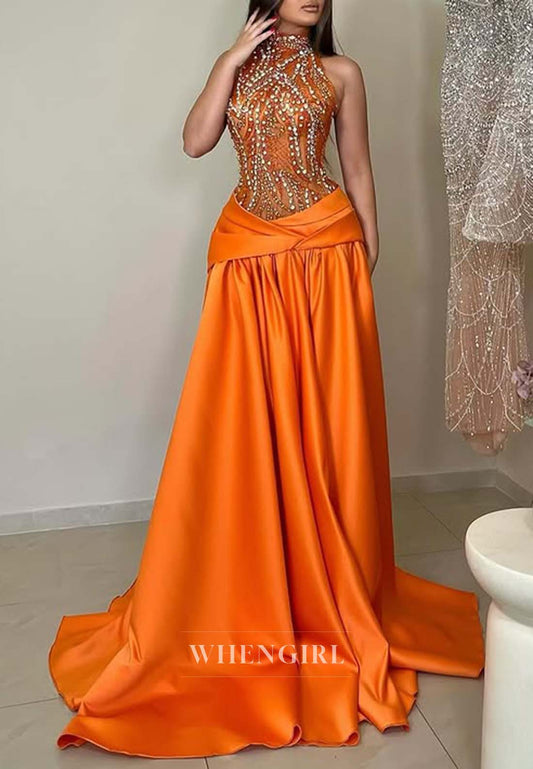 Orange High Neck Sleeveless Beaded Sheath Evening Dress Sweep Train Pleated Formal Dress