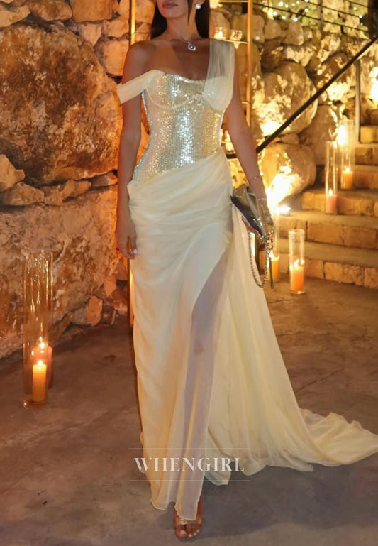 Yellow Sleeveless Pleated Side Slit Asymmetrical Neck Sheath Sweep Train Formal Evening Dress