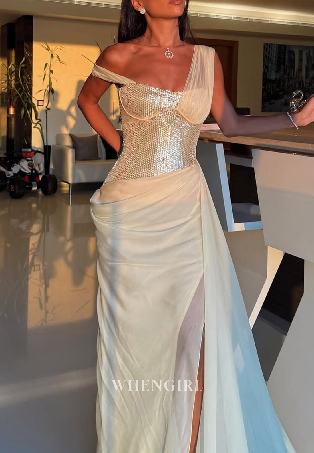 Yellow Sleeveless Pleated Side Slit Asymmetrical Neck Sheath Sweep Train Formal Evening Dress