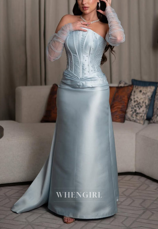 Blue Tube Top Detachable Sleeves Beaded Column Lace Up Evening Formal Dress