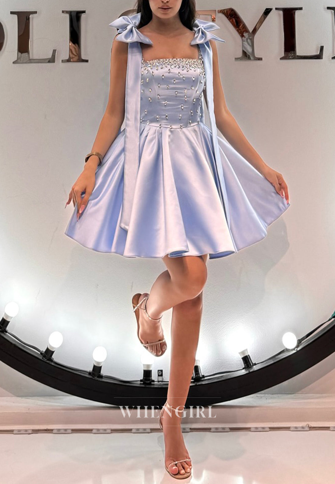 Light Blue Bowknot Straps Square Neck Beads A-Line Satin Homecoming Dress