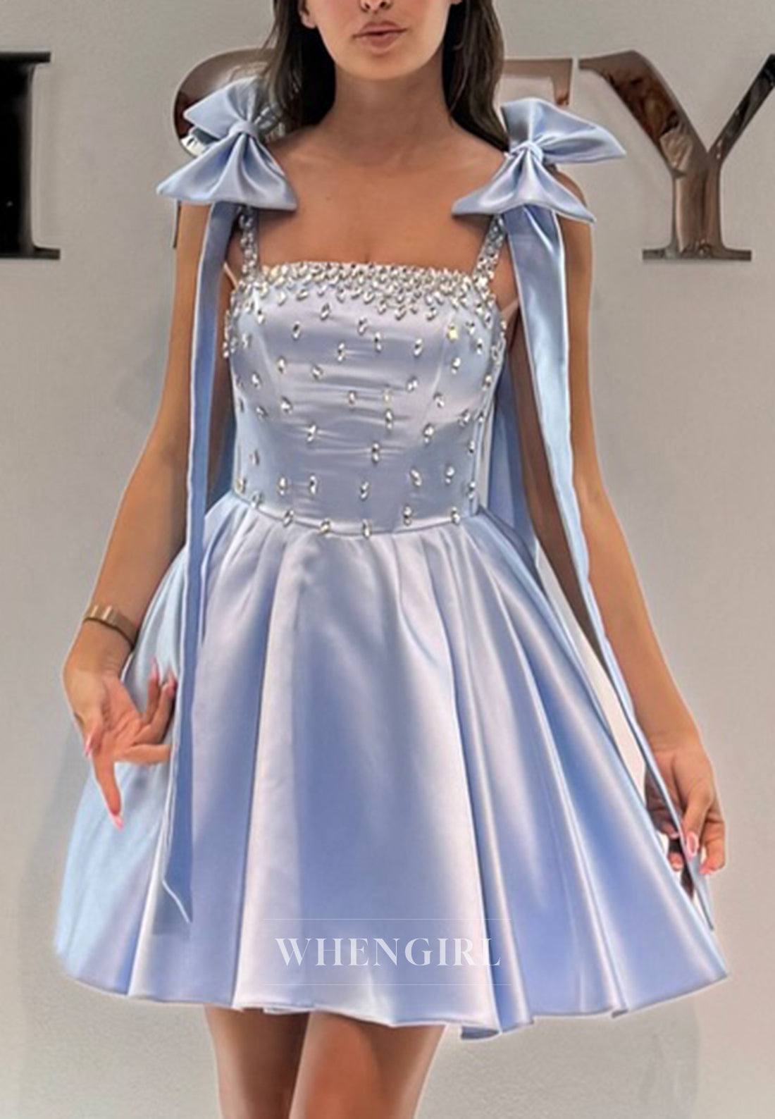 Light Blue Bowknot Straps Square Neck Beads A-Line Satin Homecoming Dress