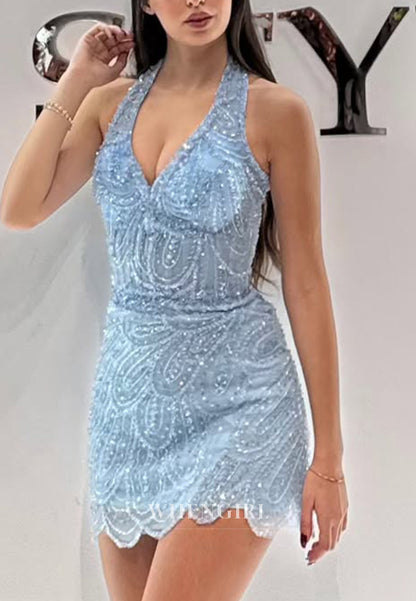 Sky Blue Halter Sleeveless Beaded Sheath Homecoming Dress
