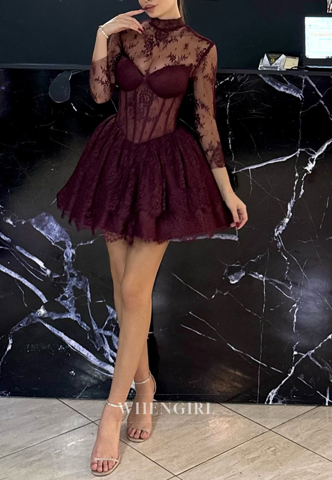 A-Line 3/4 Sleeves High Neck Embroidery Lace Homecoming Dress