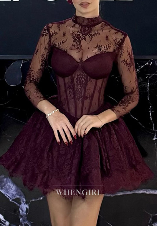 A-Line 3/4 Sleeves High Neck Embroidery Lace Homecoming Dress